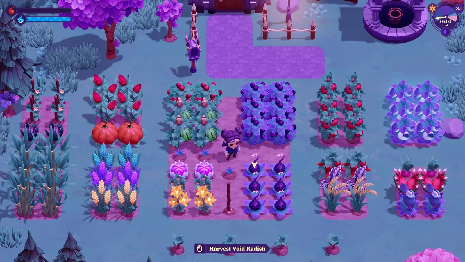 Official Moonlight Peaks farm scene with mature crop beds arranged around clear working paths