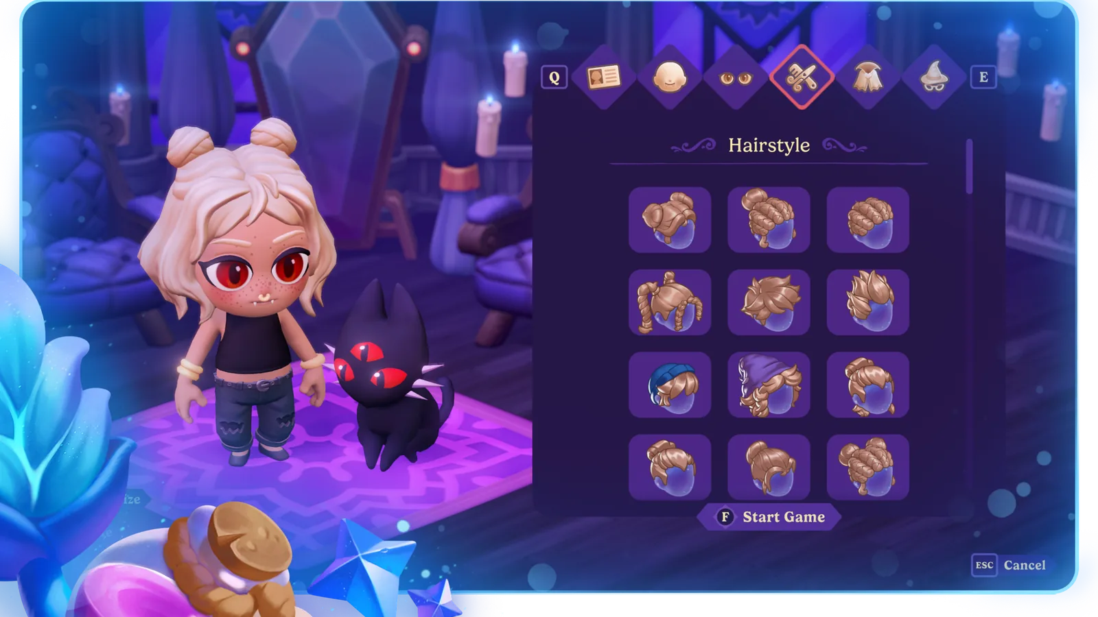 Official Moonlight Peaks in-game character creator showing a customized vampire beside appearance controls