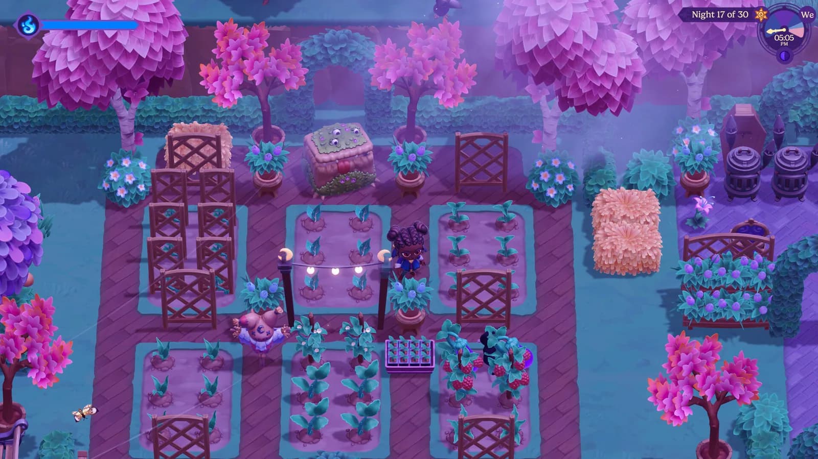 Official Moonlight Peaks farm view with compact crop beds and clear working paths