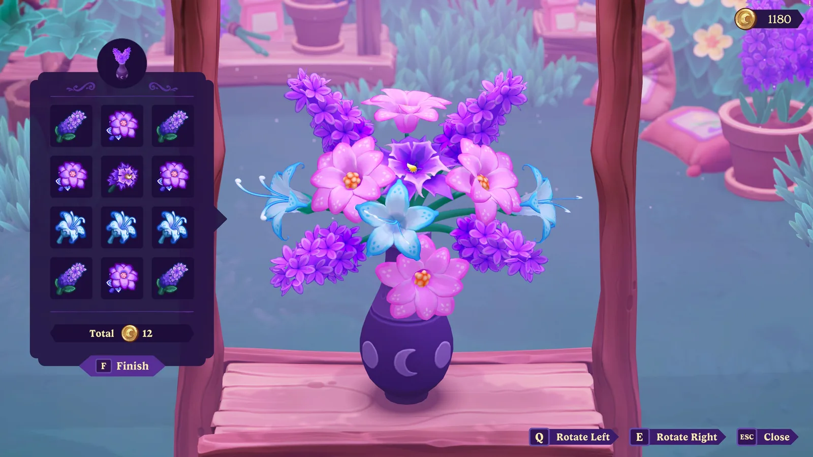 Official Moonlight Peaks flower-arranging activity showing a finished bouquet and the in-game selection interface