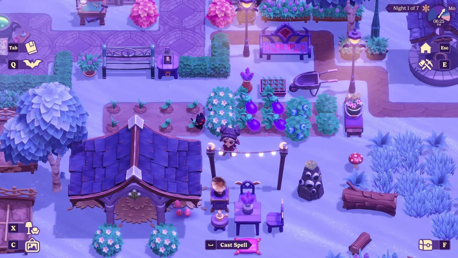 Moonlight Peaks gameplay showing the player near the family farm and the route into town