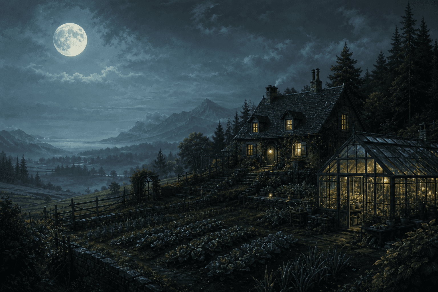 Editorial illustration of a greenhouse and farm under a full moon
